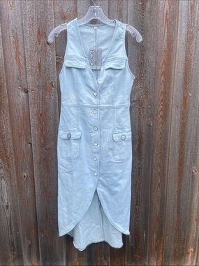 Oyrosy Light Blue Denim Button-Front Midi Dress